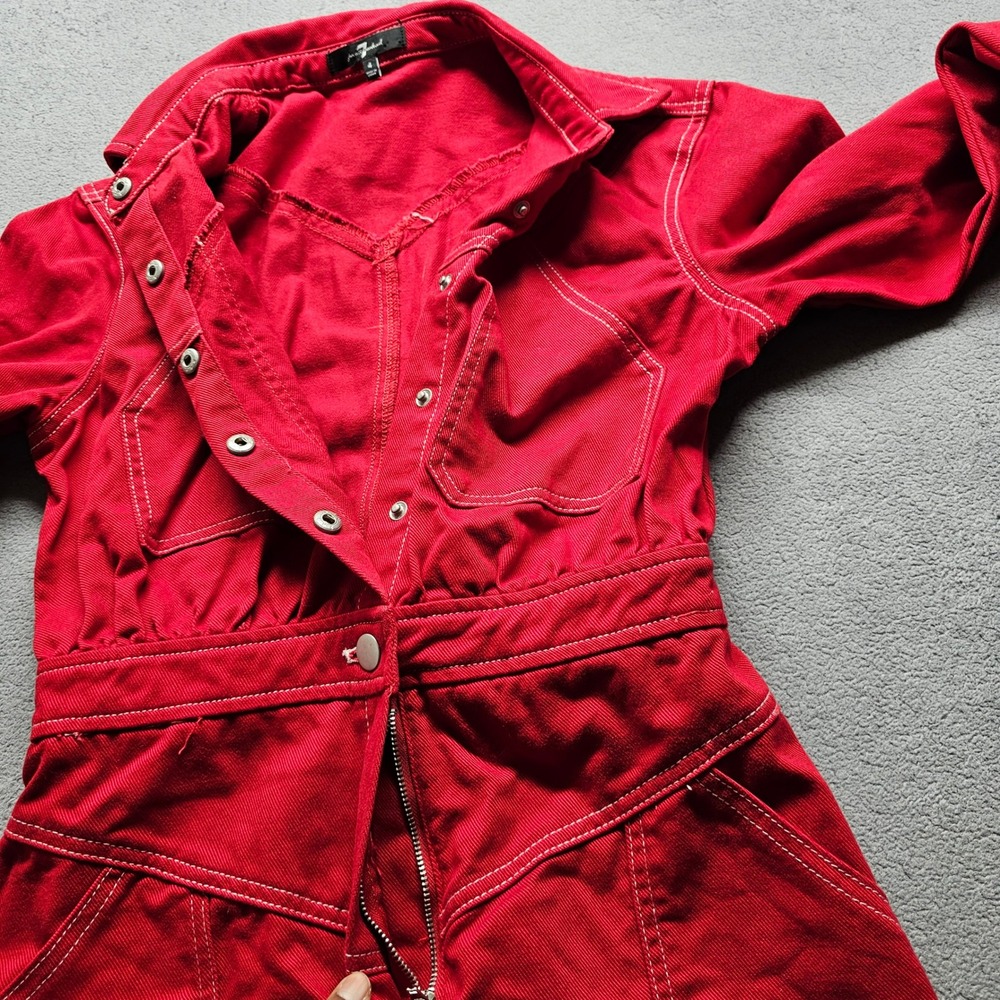7 For All Mankind Red Denim Western Mini Dress Womens 4 Red Long Sleeve Cotton - Picture 10 of 13